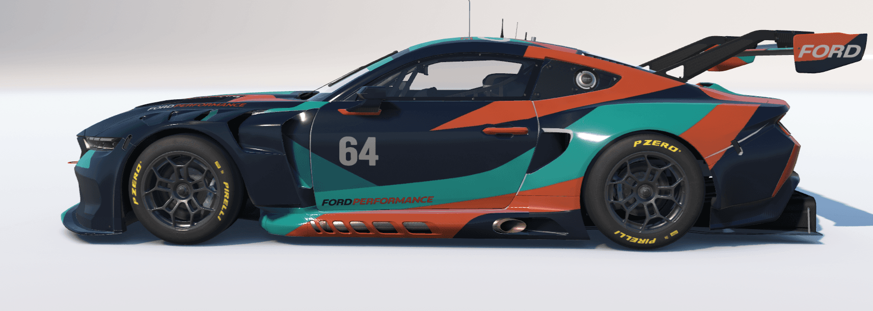 Navy, turquoise and orange Ford Mustang GT3 livery inspected in iRacing