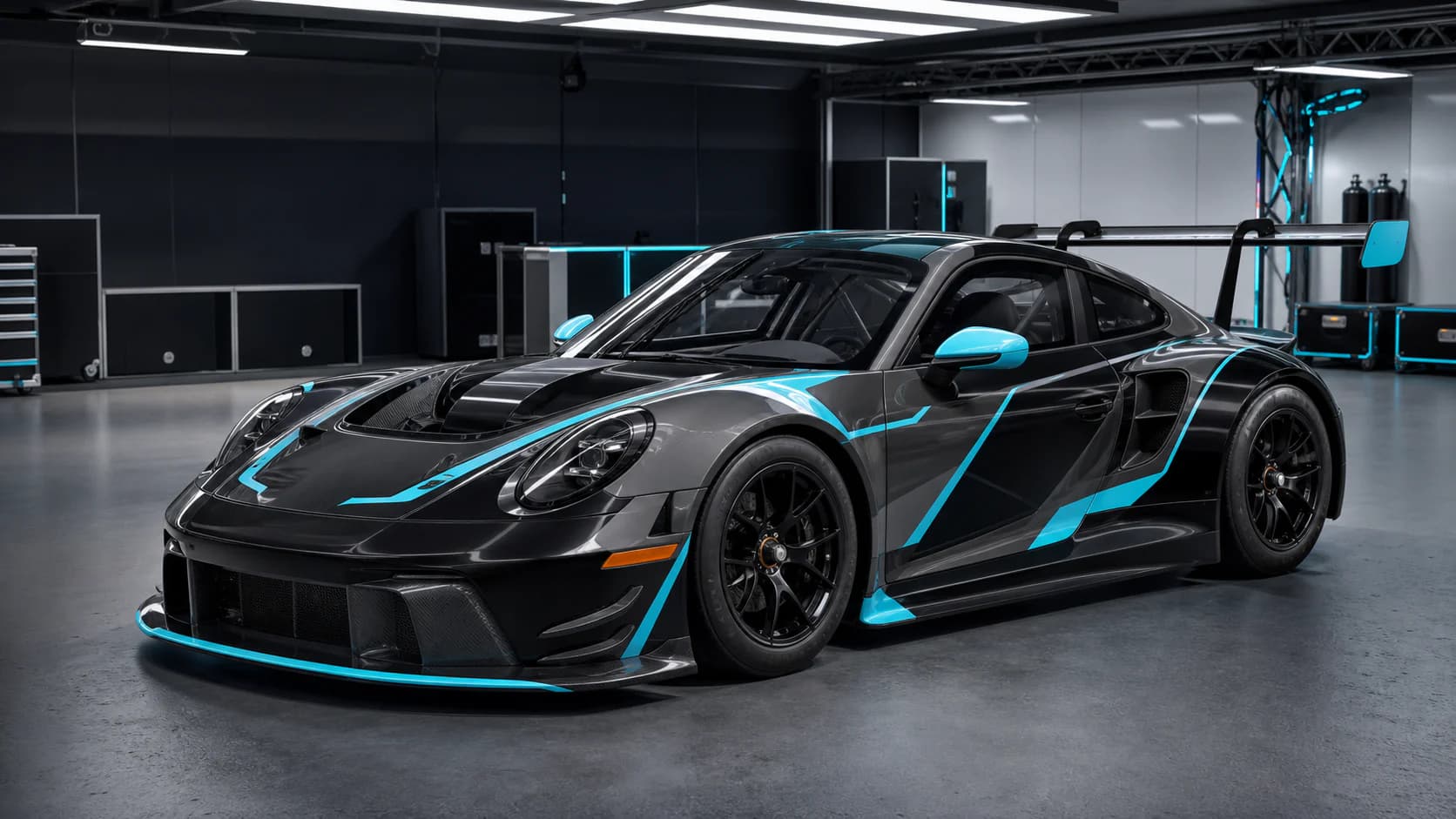 Illustrative graphite and cyan Porsche livery concept for the PitCanvas interface